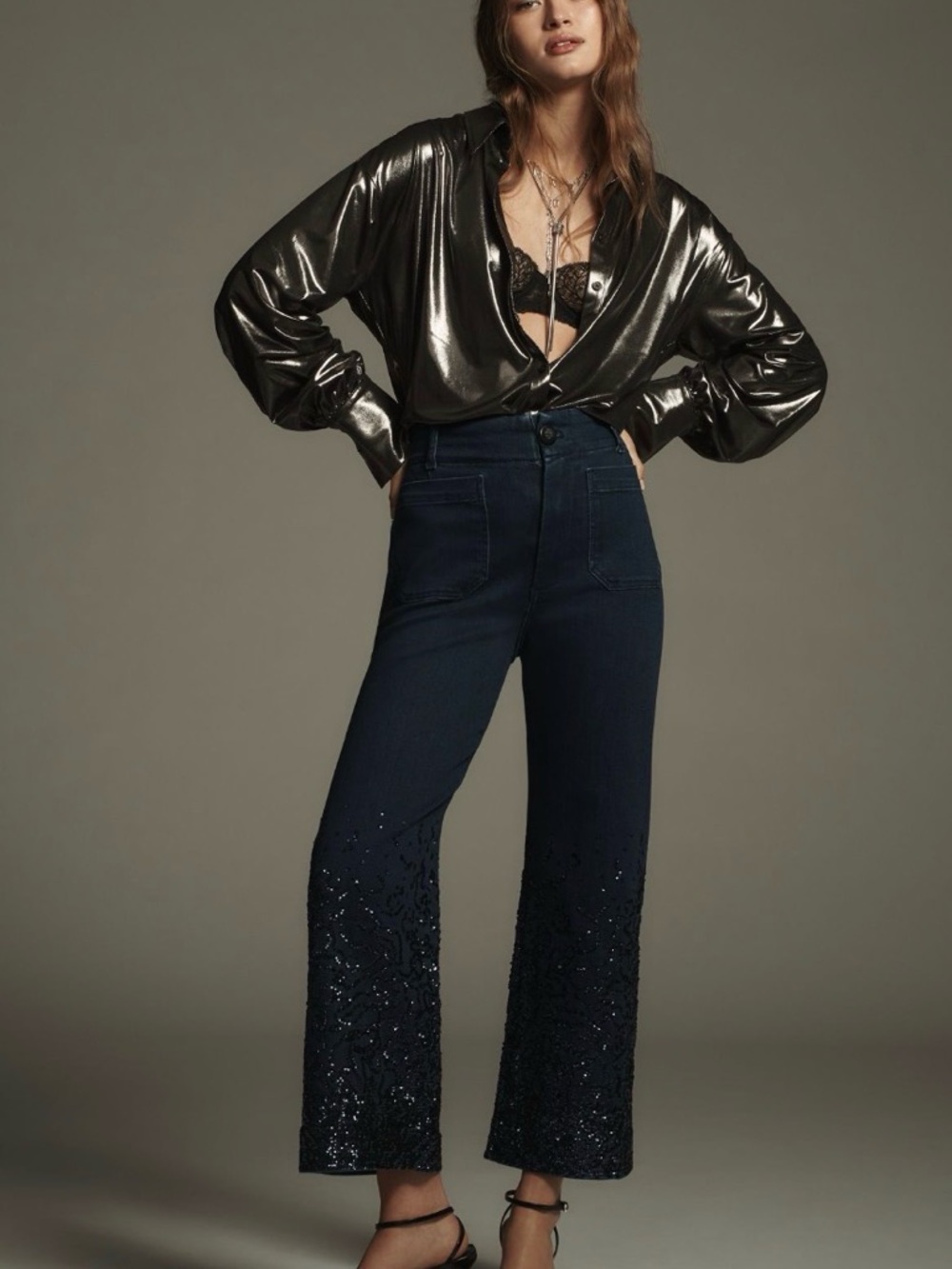 Anthropologie Maeve The Colette Sequin Cropped Wide-Leg Jeans